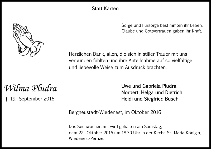  Traueranzeige für Wilma Pludra vom 15.10.2016 aus Kölner Stadt-Anzeiger / Kölnische Rundschau / Express