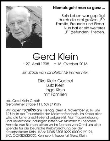 Anzeige von Gerd Klein von Kölner Stadt-Anzeiger / Kölnische Rundschau / Express