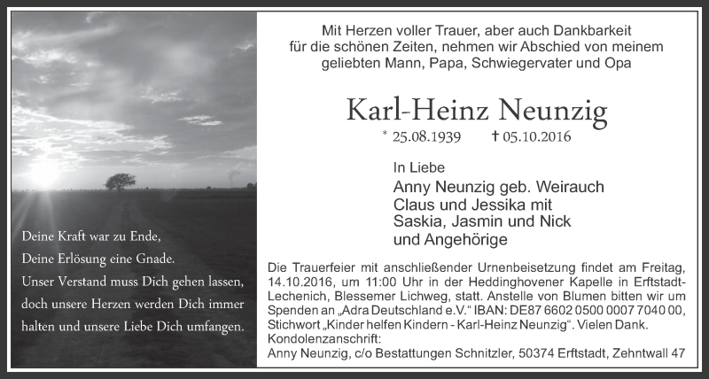  Traueranzeige für Karl-Heinz Neunzig vom 12.10.2016 aus  Werbepost 