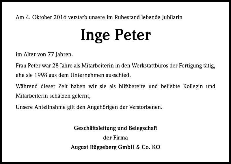  Traueranzeige für Inge Peter vom 12.10.2016 aus Kölner Stadt-Anzeiger / Kölnische Rundschau / Express