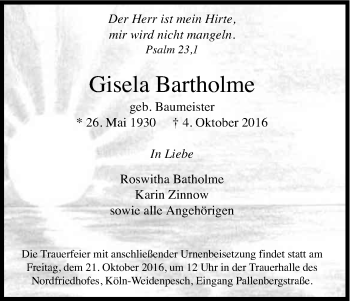 Anzeige von Gisela Bartholme von Kölner Stadt-Anzeiger / Kölnische Rundschau / Express