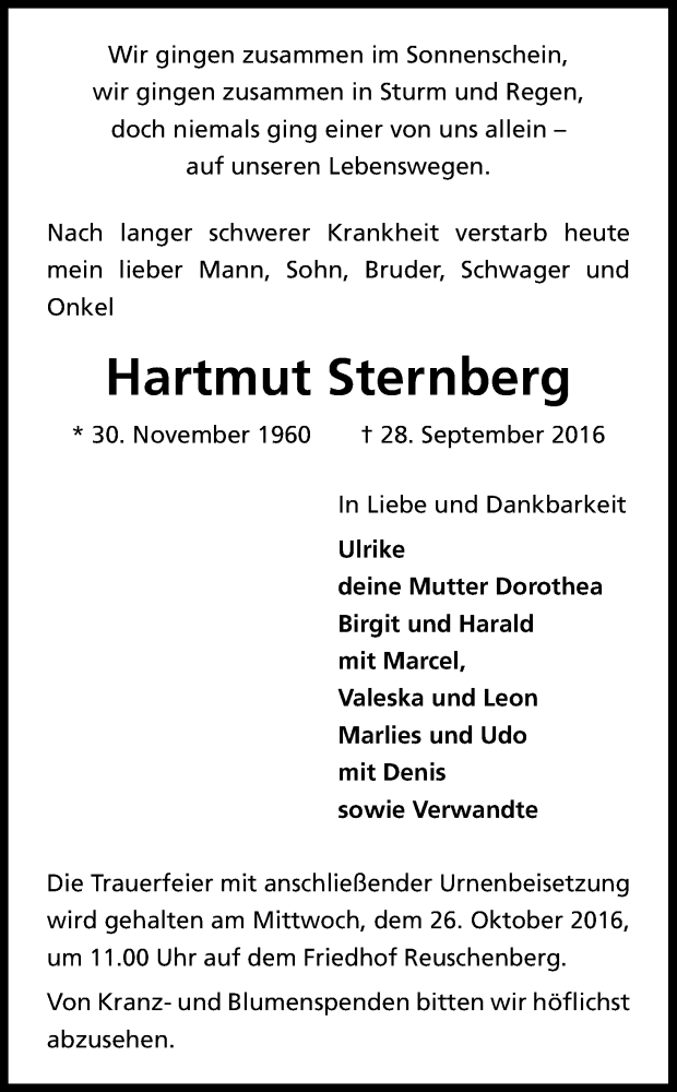  Traueranzeige für Hartmut Sternberg vom 15.10.2016 aus Kölner Stadt-Anzeiger / Kölnische Rundschau / Express