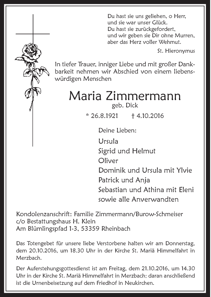  Traueranzeige für Maria Zimmermann vom 12.10.2016 aus  Schaufenster/Blickpunkt 