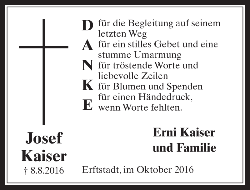 Traueranzeige für Josef Kaiser vom 12.10.2016 aus  Werbepost 