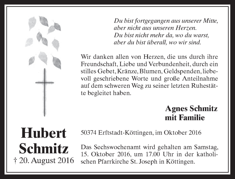  Traueranzeige für Hubert Schmitz vom 12.10.2016 aus  Werbepost 