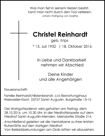Anzeige von Christel Reinhardt von  Extra Blatt 