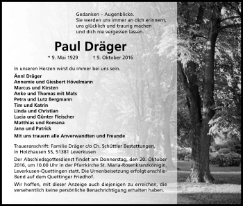 Anzeige von Paul Dräger von Kölner Stadt-Anzeiger / Kölnische Rundschau / Express