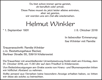 Anzeige von Helmut Winker von  Blickpunkt Euskirchen 