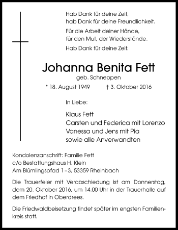 Anzeige von Johanna Benita Fett von Kölner Stadt-Anzeiger / Kölnische Rundschau / Express