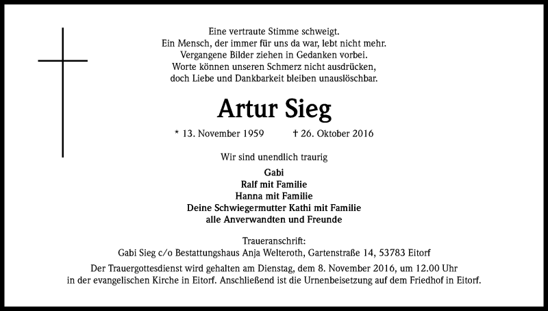  Traueranzeige für Artur Sieg vom 29.10.2016 aus Kölner Stadt-Anzeiger / Kölnische Rundschau / Express