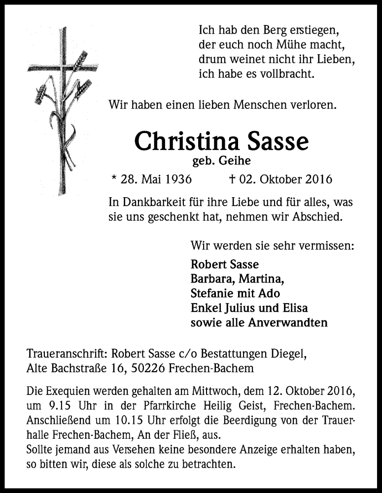  Traueranzeige für Christina Sasse vom 08.10.2016 aus Kölner Stadt-Anzeiger / Kölnische Rundschau / Express