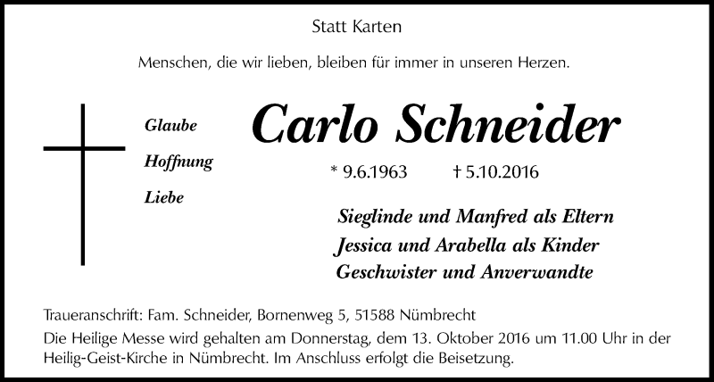 Traueranzeige für Carlo Schneider vom 12.10.2016 aus  Lokalanzeiger 