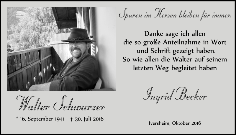  Traueranzeige für Walter Schwarzer vom 08.10.2016 aus  Blickpunkt Euskirchen 
