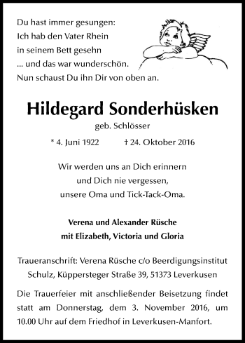 Anzeige von Hildegard Sonderhüsken von Kölner Stadt-Anzeiger / Kölnische Rundschau / Express