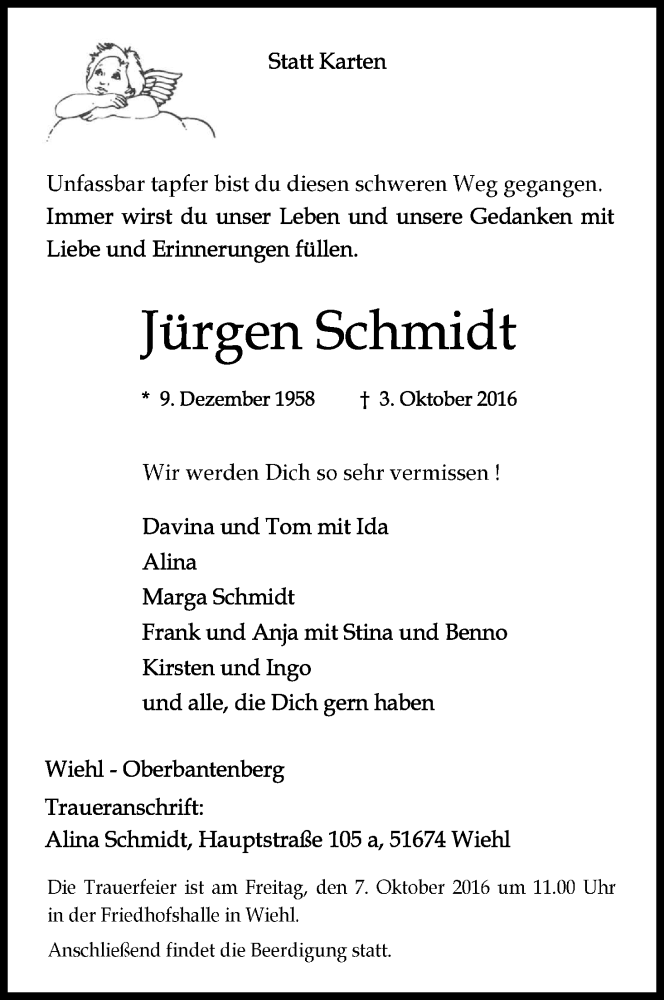  Traueranzeige für Jürgen Schmidt vom 06.10.2016 aus Kölner Stadt-Anzeiger / Kölnische Rundschau / Express