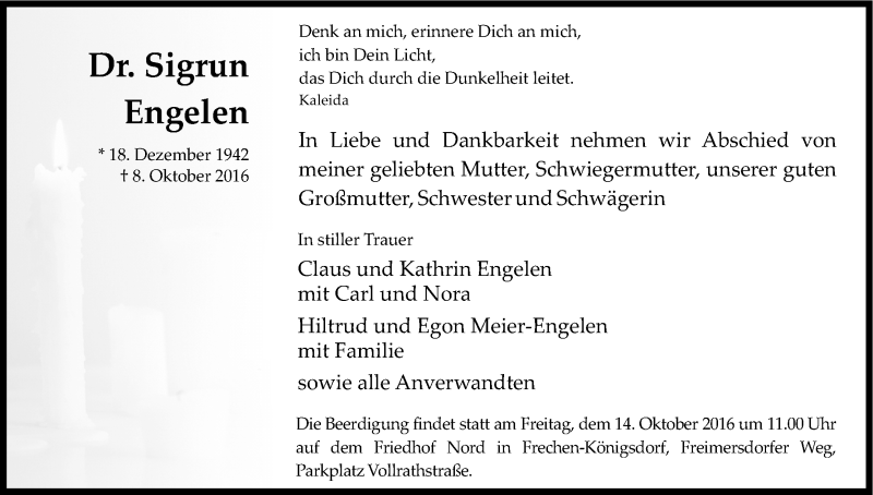  Traueranzeige für Sigrun Engelen vom 12.10.2016 aus Kölner Stadt-Anzeiger / Kölnische Rundschau / Express