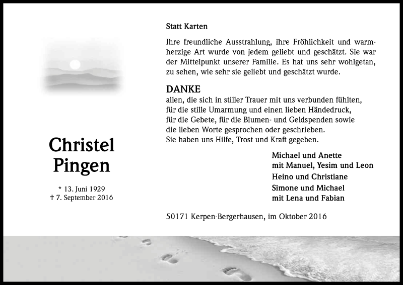  Traueranzeige für Christel Pingen vom 22.10.2016 aus Kölner Stadt-Anzeiger / Kölnische Rundschau / Express
