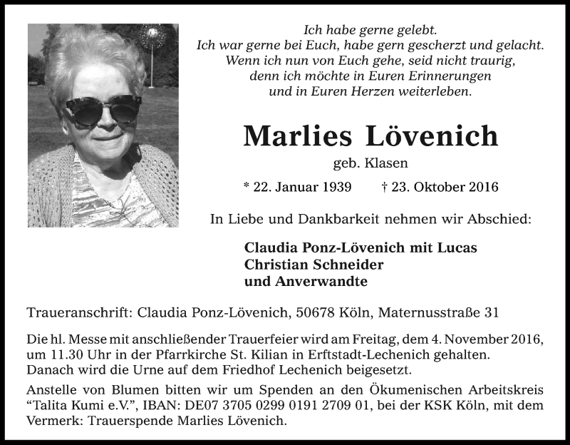  Traueranzeige für Marlies Lövenich vom 29.10.2016 aus Kölner Stadt-Anzeiger / Kölnische Rundschau / Express