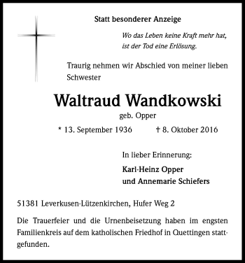 Anzeige von Waltraud Wandkowski von Kölner Stadt-Anzeiger / Kölnische Rundschau / Express