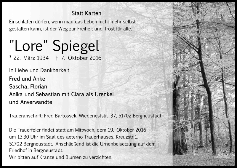  Traueranzeige für Lore Spiegel vom 12.10.2016 aus Kölner Stadt-Anzeiger / Kölnische Rundschau / Express