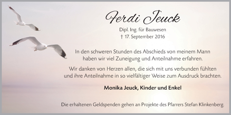  Traueranzeige für Ferdi Jeuck vom 22.10.2016 aus  Leverkusener Wochenende 