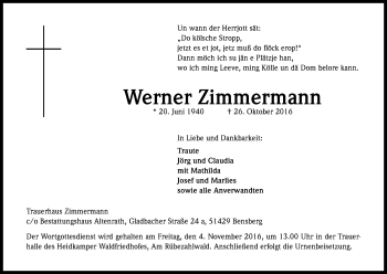 Anzeige von Werner Zimmermann von Kölner Stadt-Anzeiger / Kölnische Rundschau / Express