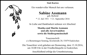 Anzeige von Sabine Assmann von Kölner Stadt-Anzeiger / Kölnische Rundschau / Express