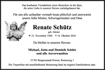 Anzeige von Renate Schütz von Kölner Stadt-Anzeiger / Kölnische Rundschau / Express