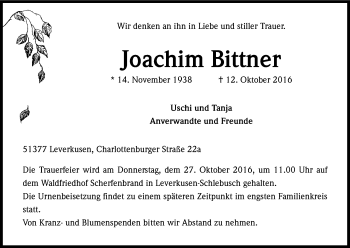 Anzeige von Joachim Bittner von Kölner Stadt-Anzeiger / Kölnische Rundschau / Express