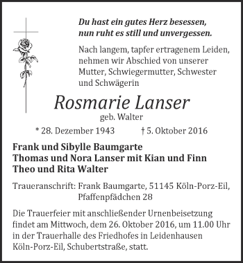 Anzeige von Rosmarie Lanser von  Kölner Wochenspiegel 