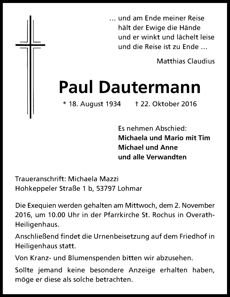  Traueranzeige für Paul Dautermann vom 26.10.2016 aus Kölner Stadt-Anzeiger / Kölnische Rundschau / Express