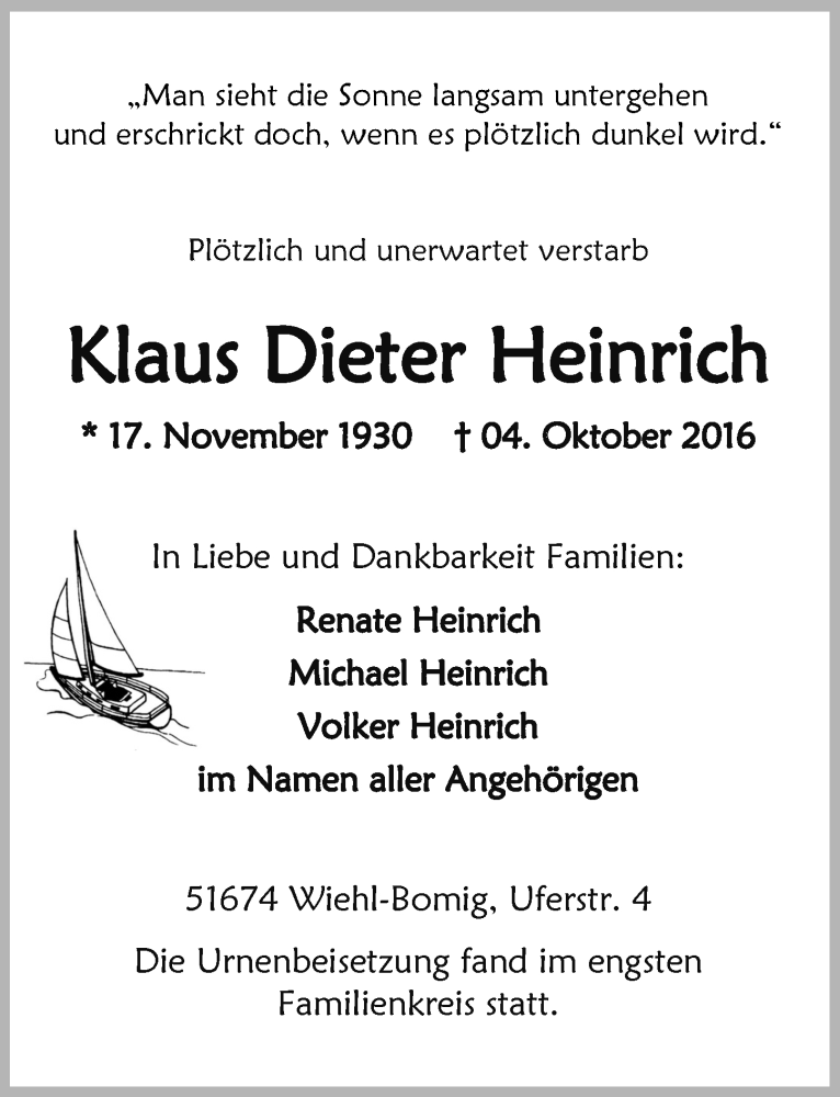  Traueranzeige für Klaus Dieter Heinrich vom 19.10.2016 aus  Anzeigen Echo 
