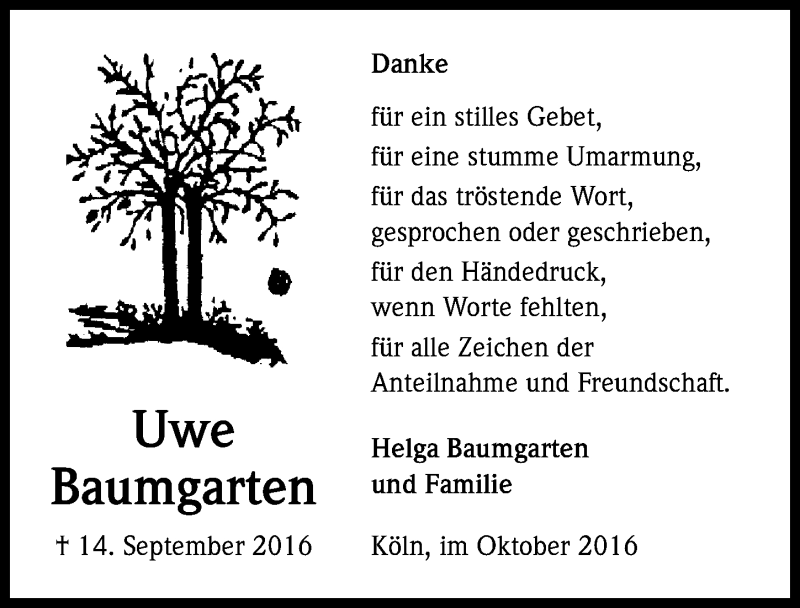  Traueranzeige für Uwe Baumgarten vom 12.10.2016 aus  Kölner Wochenspiegel 