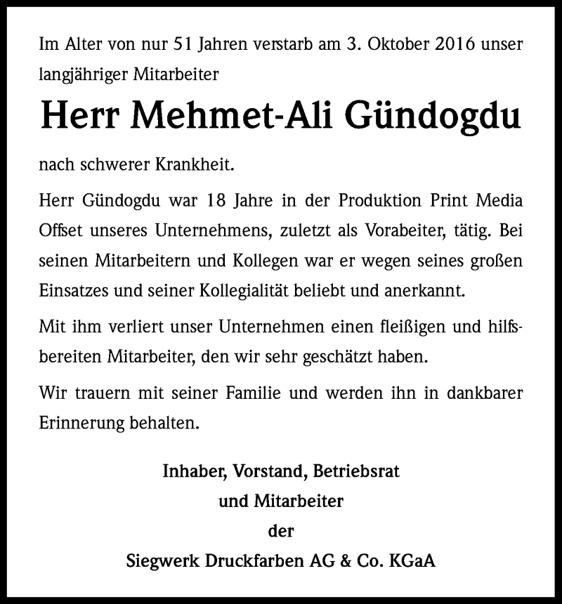  Traueranzeige für Mehmet-Ali Gündogdu vom 08.10.2016 aus Kölner Stadt-Anzeiger / Kölnische Rundschau / Express
