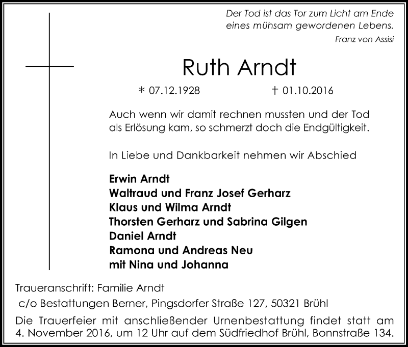  Traueranzeige für Ruth Arndt vom 29.10.2016 aus Kölner Stadt-Anzeiger / Kölnische Rundschau / Express