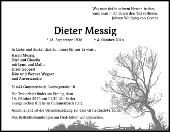Anzeige von Dieter Messig von Kölner Stadt-Anzeiger / Kölnische Rundschau / Express