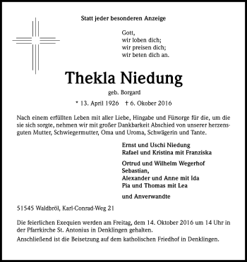 Anzeige von Thekla Niedung von Kölner Stadt-Anzeiger / Kölnische Rundschau / Express