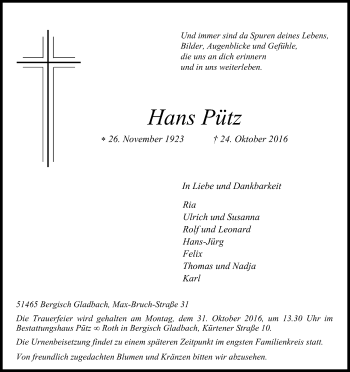 Anzeige von Hans Pütz von Kölner Stadt-Anzeiger / Kölnische Rundschau / Express