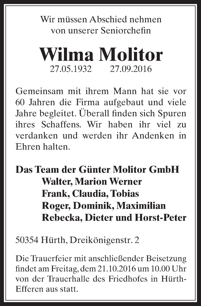  Traueranzeige für Wilma Molitor vom 19.10.2016 aus  Wochenende 