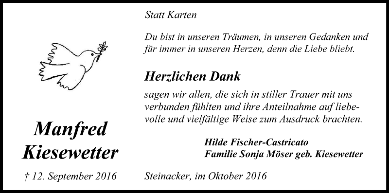  Traueranzeige für Manfred Kiesewetter vom 22.10.2016 aus Kölner Stadt-Anzeiger / Kölnische Rundschau / Express