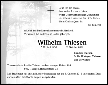 Anzeige von Wilhelm Thiesen von Kölner Stadt-Anzeiger / Kölnische Rundschau / Express