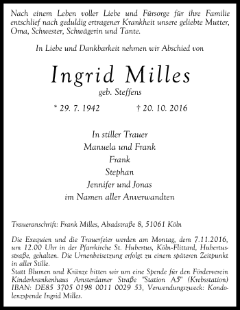 Anzeige von Ingrid Milles von Kölner Stadt-Anzeiger / Kölnische Rundschau / Express