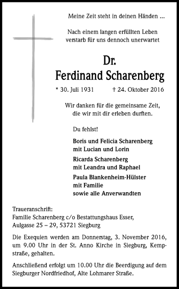 Anzeige von Ferdinand Scharenberg von Kölner Stadt-Anzeiger / Kölnische Rundschau / Express
