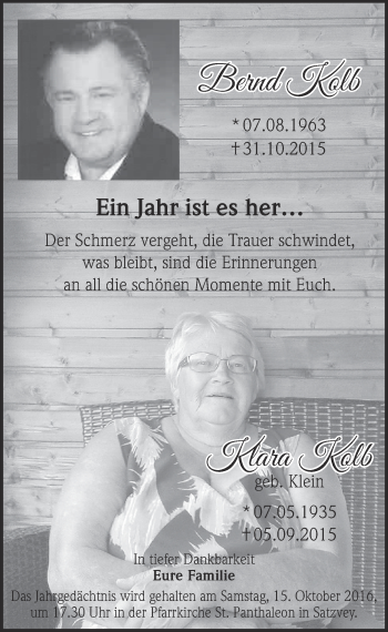 Anzeige von Bernd und Klara Kolb von  Blickpunkt Euskirchen 
