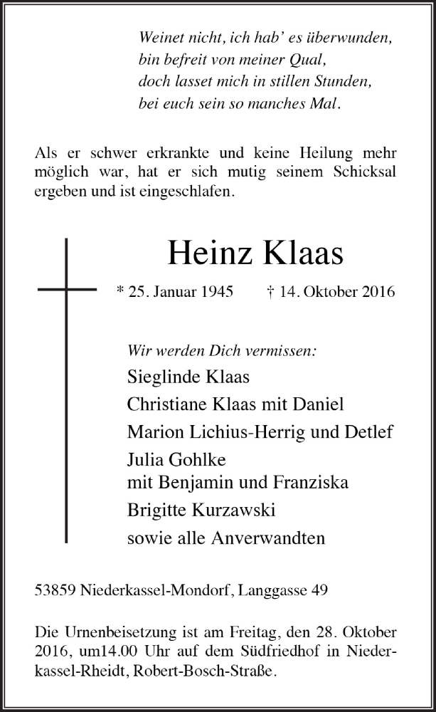 Traueranzeige für Heinz Klaas vom 26.10.2016 aus  Extra Blatt 