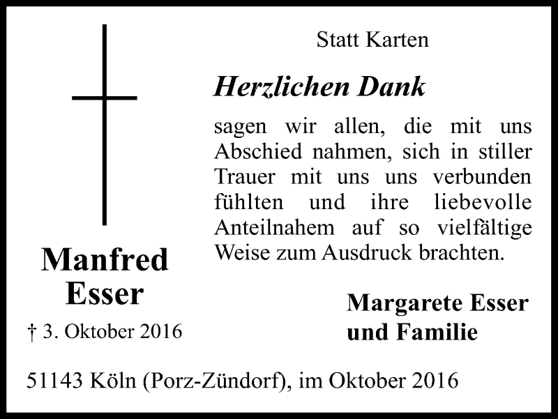  Traueranzeige für Manfred Esser vom 22.10.2016 aus Kölner Stadt-Anzeiger / Kölnische Rundschau / Express