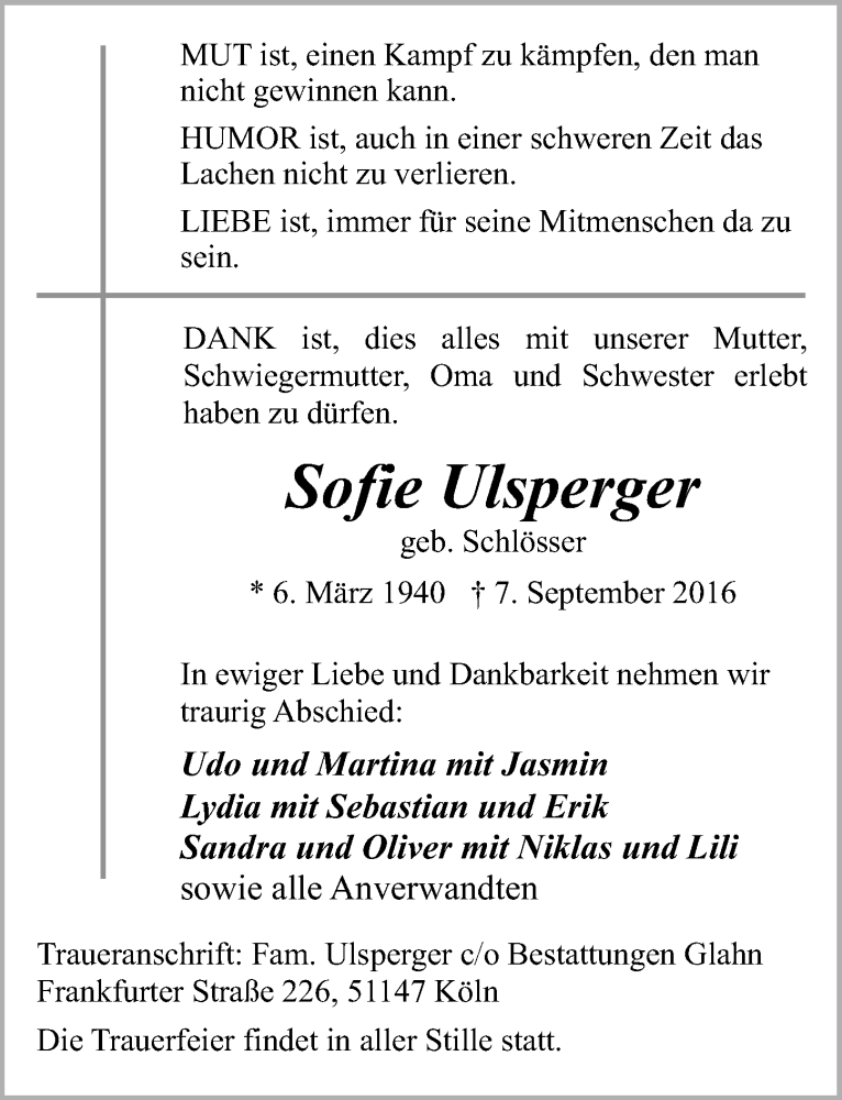  Traueranzeige für Sofie Ulsperger vom 05.10.2016 aus  Kölner Wochenspiegel 