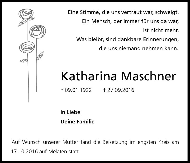  Traueranzeige für Katharina Maschner vom 22.10.2016 aus Kölner Stadt-Anzeiger / Kölnische Rundschau / Express