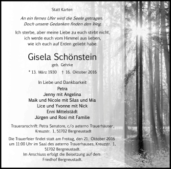 Anzeige von Gisela Schönstein von Kölner Stadt-Anzeiger / Kölnische Rundschau / Express