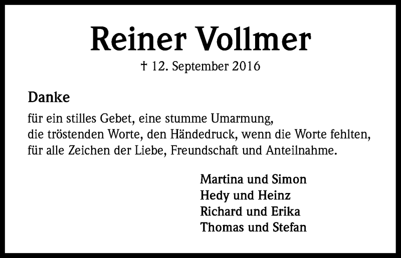  Traueranzeige für Reiner Vollmer vom 15.10.2016 aus Kölner Stadt-Anzeiger / Kölnische Rundschau / Express